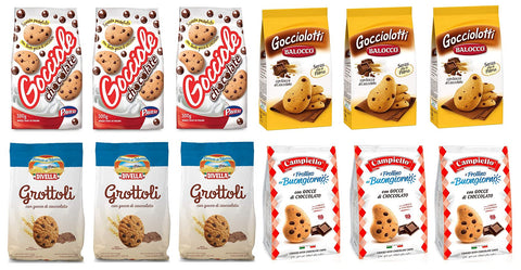 Testpaket Kekse mit Schokoladentropfen Pavesi Gocciole ( 3 x 500g ) + Balocco Gocciolotti ( 3 x 350g ) + Campiello Frollini del Buongiorno ( 3 x 350g ) + Divella Grottoli ( 3 x 400g )