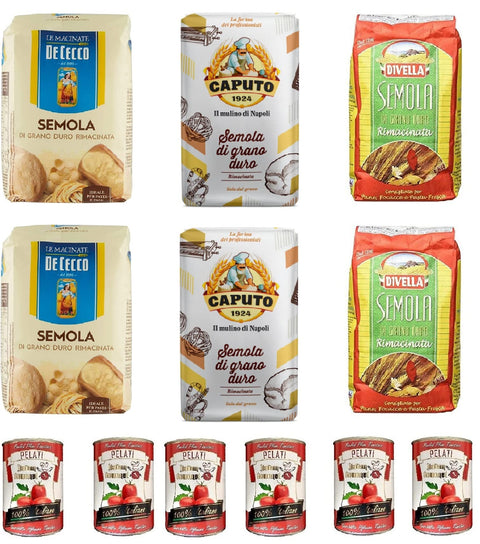 TESTPAKET De Cecco Divella Caputo Semola Hartweizengrieß 6x 1kg + Italian Gourmet 100% italienische geschälte Tomaten dosen 6x 400g