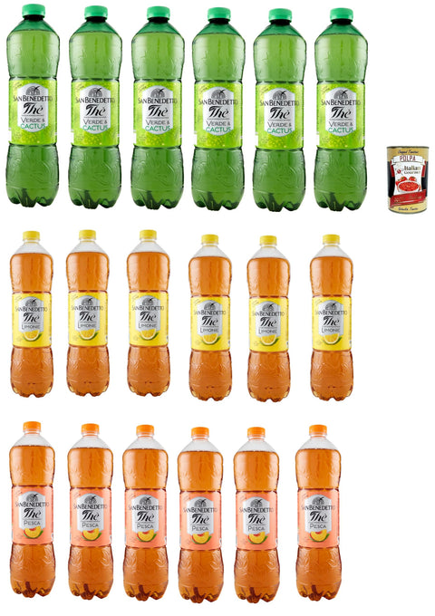 San Benedetto Testpaket, Thè Verde, limone und pesca 18x 1500ml, Eistee The' grüner Tee, zitrone und pfirsch PET Einweg, ice tea erfrischend + Italian Gourmet polpa 400g