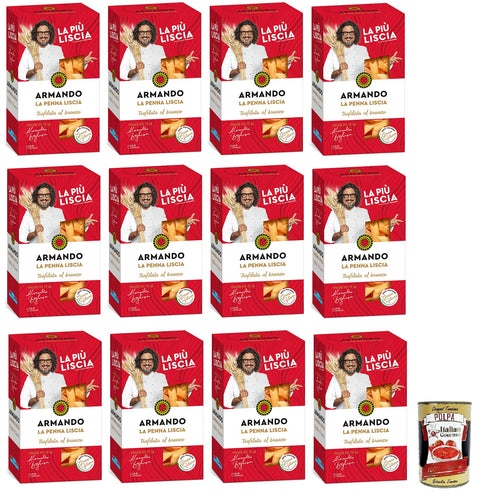 12x Armando La Penna Liscia,Bronzegezogene Nudeln,100% Italienische Pasta 500g + Italian Gourmet Polpa di Pomodoro 400g Dose