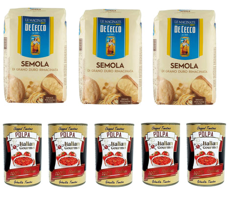 Testpaket Hartweizengrieß - Semola di Grano Duro De Cecco 3x 1kg und Italian Gourmet Polpa di pomodoro Fein gehacktes Tomatenmark 5x 400g