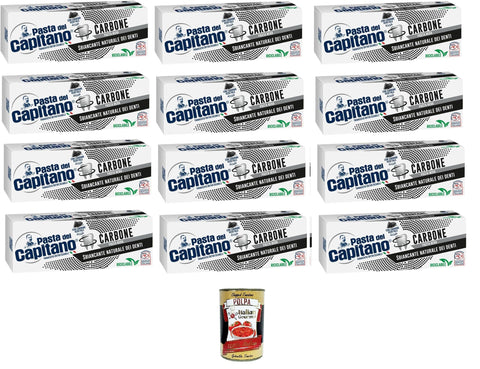Pasta del Capitano Dentifricio Carbone Zahnpasta Aktivierte Pflanzliche Kohle Natürlicher Weißmacher in schwarzer Paste 12x100ml + Italian Gourmet polpa 400g