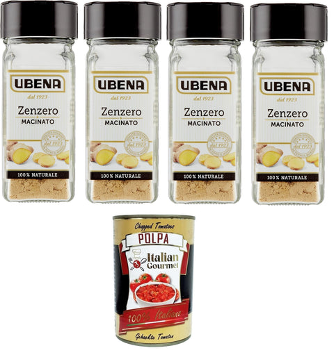 UBENA, Zenzero Macinato,gemahlener Ingwer, angenehm würzig, ideal zum Würzen von Salaten, Aufgüssen, Saucen und exotischen Gerichten, 4x 25-g-Glasformat+ Italian Gourmet polpa 400g