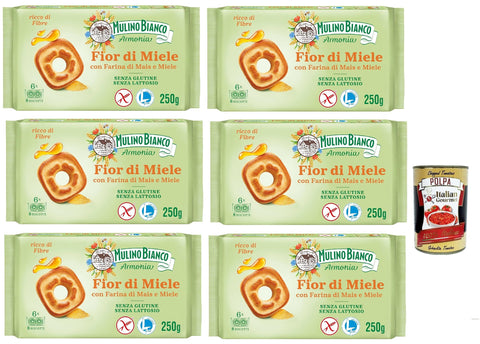 Mulino Bianco Fior di Miele Biscotti Frollini, Kekse mit Millefiori Honig, gluten free biscuits mit Maismehl, Laktose -freier, Gluten und Palmöl, Mulino Armonia, 6x 250g + Italian Gourmet polpa 400g