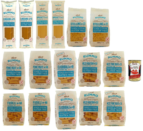 Rummo Pasta Nudeln Glutenfreie Testpaket, Bronze Gezeichnete gluteinfrei, perfekt für Menschen mit Zöliakie oder Glutenunverträglichkeit, 16x 400 g + Italian Gourmet polpa 400g