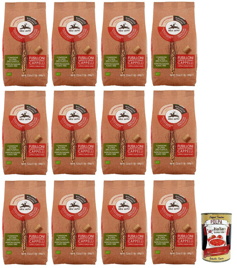 12x Alce Nero Pasta Fusilloni,Bio-Hartweizen Nudeln,Mit Bio-Cappelli-Hartweizen,Angebaut in Italien,Packung mit 500g + Italian Gourmet Polpa di Pomodoro 400g Dose