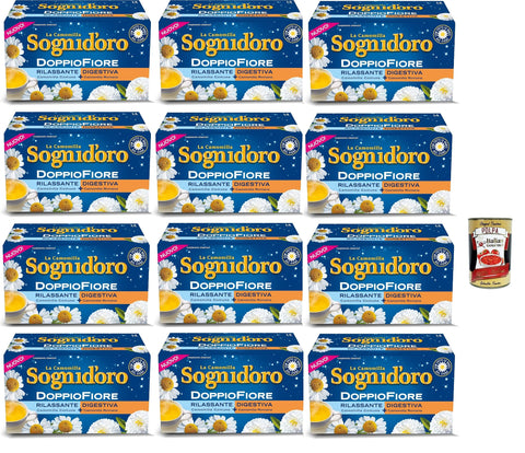 Sogni d'oro Camomilla, Doppio fiore, Doppelte entspannende Blume und Verdauung 14 Filter, Goldfarbe, 12x 25,2 g + Italian Gourmet polpa 400g