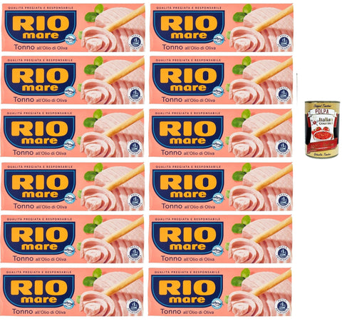 Rio Mare Tonno all' olio di oliva , tuna in olive oil 12x 195g (3x 65g) Thunfisch in Olivenöl, Hochwertiger Gelbflossen-Thunfisch + Italian Gourmet polpa 400g