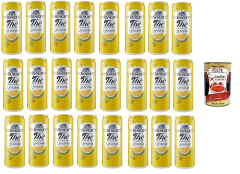 San Benedetto Thè Limone 24x 33cl, Eistee The' Zitrone dosen Einweg, ice tea erfrischend, Ohne Konservierungsstoffe und künstliche Farbstoffe + Italian Gourmet polpa 400g