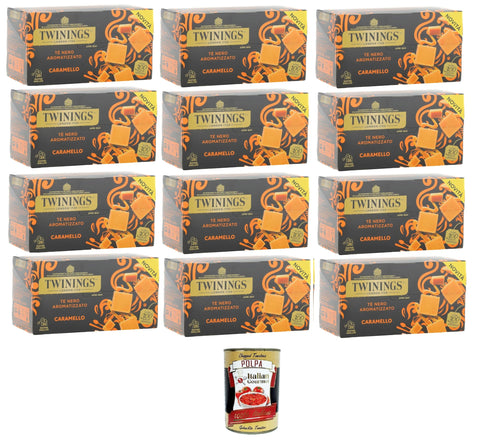 Tè Nero Aromatizzato al Caramello, Schwarztee mit Karamellgeschmack,Packung mit 25 Filtern 12x50gr +Italian Gourmet polpa 400g