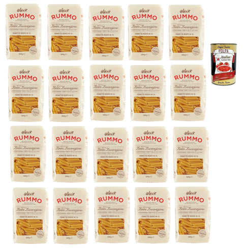 Rummo Pennette Rigate N° 70 Pasta Lenta Lavorazione Teigwaren aus Hartweizengrieß Bronze-Zeichnung 20x 500g + Italian Gourmet polpa 400g