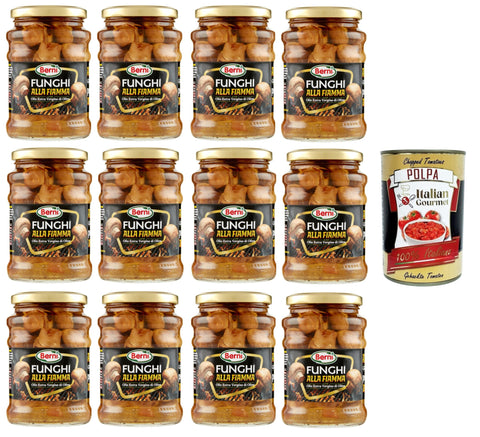 Berni Funghi alla Fiamma con Olio Extra Vergine di Oliva Flammpilze mit Nativem Olivenöl Extra 12x 350 g+ Italian Gourmet polpa 400g