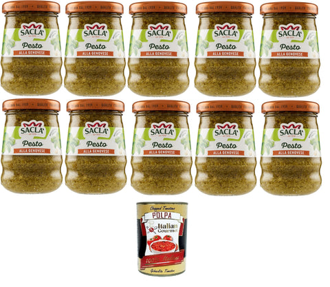 Saclà, genuesisches Pesto, Gewürz für Pasta und zur Bereicherung Ihrer Gerichte, mit frischem italienischen Basilikum, Glas, 10x90g + Italian Gourmet polpa 400g