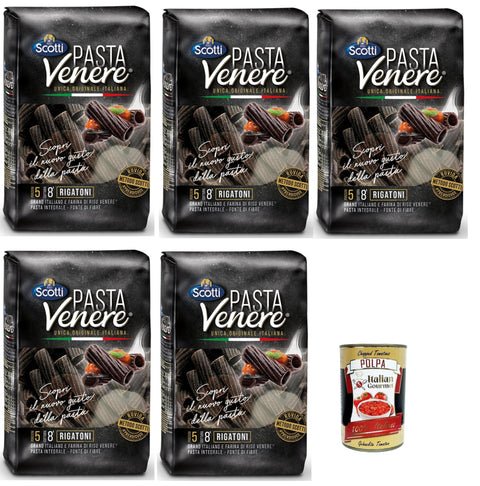 Riso Scotti, Pasta Venere Rigatoni Integrale di Riso Venere, Reispaste, Vollkorn, Faserquelle, Phosphor und Proteine, ideal für eine ausgewogene Ernährung, 5x 400 g + Italian Gourmet polpa 400g