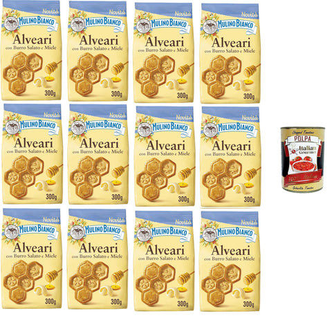 Mulino Bianco- Alveari, Biscotti con Burro salato e Miele Kekse mit gesalzener Butter und Honig 12x 300gr Italian Gourmet polpa 400g