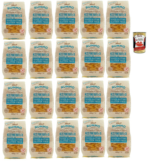 Rummo Pasta Nudeln Glutenfreie Mezze Penne Rigate N° 28, Bronze Gezeichnete gluteinfrei, perfekt für Menschen mit Zöliakie oder Glutenunverträglichkeit, 20x 400 g + Italian Gourmet polpa 400g