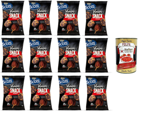 Riso Scotti Venere Snack Paprika, brauner Reis, knuspriger und leckerer, nicht frittierter Snack für Pausen und Aperitifs, glutenfrei, 100% pflanzlich, 12x50 g+ Italian Gourmet polpa 400g