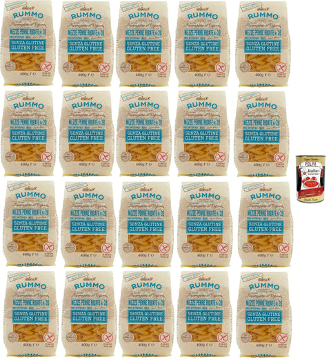 Rummo Pasta Nudeln Glutenfreie Mezze Penne Rigate, Bronze Gezeichnete gluteinfrei, perfekt für Menschen mit Zöliakie oder Glutenunverträglichkeit, 20x 400 g + Italian Gourmet polpa 400g