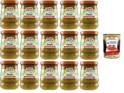 Saclà, genuesisches Pesto, Gewürz für Pasta und zur Bereicherung Ihrer Gerichte, mit frischem italienischen Basilikum, Glas, 15x90g + Italian Gourmet polpa 400g