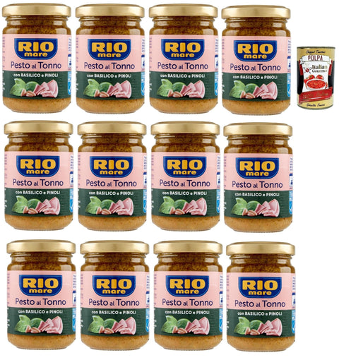 Rio mare Pesto al Tonno con Basilico e Pinoli, Thunfischpesto mit Basilikum und Pinienkernen pasta sauce 12x 130 g + Italian Gourmet polpa 400g