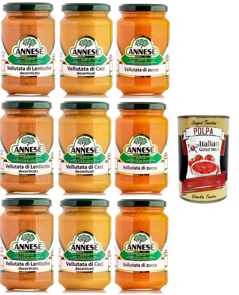 Annese Testpaket Vellutata di Lenticchie,Ceci Decorticati e Zucca Samtige Suppe aus Linsen, geschälten Kichererbsen und Kürbis 9x360gr + Italian Gourmet polpa 400g