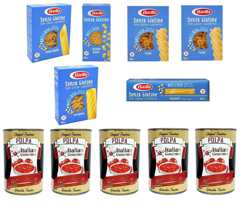 TESTPAKET Barilla senza Glutine Glutenfrei pasta nudeln 6 x 400G und Italian Gourmet Polpa di pomodoro Fein gehacktes Tomatenmark 5x 400g