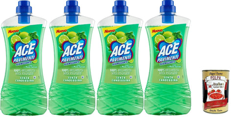 ACE Bodenreinigung ACE Pavimenti Bodenreiniger Hygiene - Limette und Pfefferminze, ohne Bleichmittel - reinigt gründlich und bringt Böden zum Glänzen, 4x 1Lt + Italian Gourmet polpa 400g