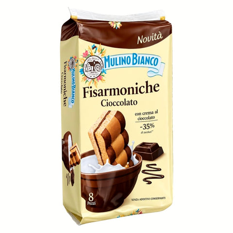 Fisarmoniche Cioccolato 9x 296g Italienisches Frühstücksgebäck mit Schokoladencreme, 8 Stück pro Packung, süßes Gebäck für Milch