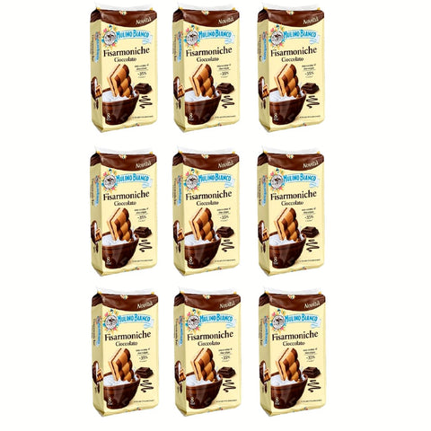 Fisarmoniche Cioccolato 9x 296g Italienisches Frühstücksgebäck mit Schokoladencreme, 8 Stück pro Packung, süßes Gebäck für Milch