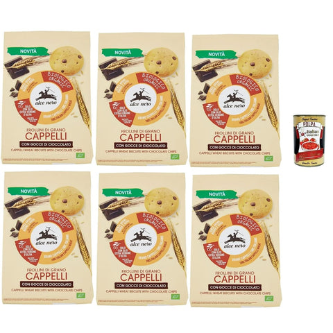 Alce Nero Kekse Alce Nero Frollini di grano Cappelli con gocce di cioccolato Weizenkekse mit dunkle Schokoladentropfen Kekse 6x 250g Original italienisch inkl. Italian Gourmet Polpa 400g 8032804040014