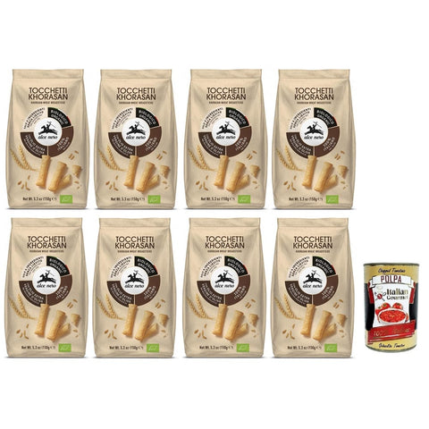 Alce Nero Knäckebrot Alce Nero Tocchetti Breadsticks,Bio-Backprodukt mit Bio-Khorasan-Weizen und extra natives Olivenöl,Packung mit 150g 8x Original italienisch inkl. Italian Gourmet Polpa di Pomodoro 400g Dose 8009004815278