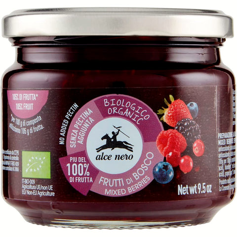 Alce Nero Konfitüren Alce Nero Composta di Frutti di Bosco Biologica Bio Kompott von Beeren mit Bio Erdbeeren, Brombeeren, Heidelbeeren, roten Johannisbeeren und Himbeeren 270 g italienisch Original 8009004809550