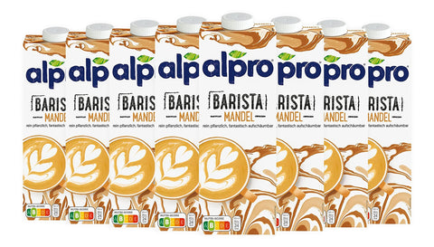 Alpro Barista Mandel nussiger Geschmack Zuckerarm Aufschäumbar je 1 Liter 8x Original italienisch