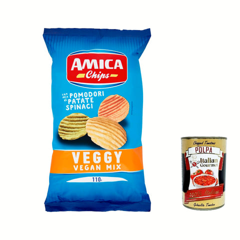 Amica chips Veggy Vegan Mix con mix di Pomodori Patate Spinaci, Chips mit einer Mischung aus Tomaten 20x110g Original italienisch Snack