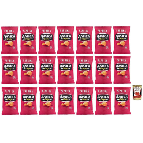 Amica chips Patatine Paprika Kartoffelchips mit Paprika Geschmack Salziger Glutenfrei -Beutel 50 g 21x italienisch Original + kostenlos Polpa di Pomodoro 400 g