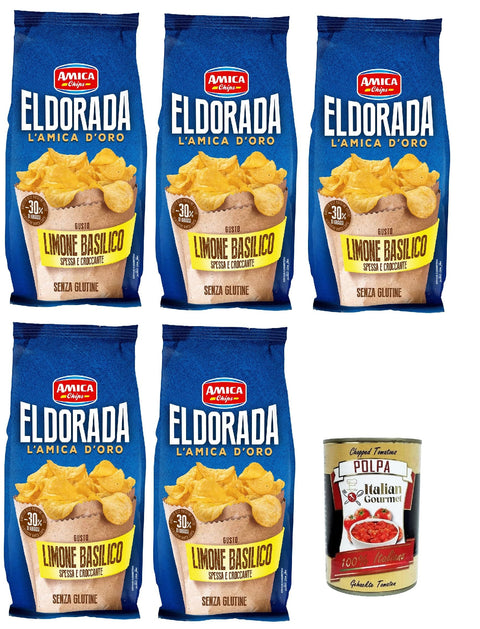 Amica chips Chips Amica Chips Eldorada Salzige Kartoffelchips mit Zitrone und Basilikum 5x 130g glutenfreie knusprige Kartoffel chips + Italian Gourmet poplpa 400g 8008714003722
