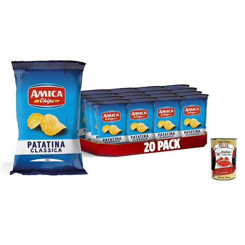 Amica Chips Snack Kuchen & Backwaren Amica Chips | La Patatina Classica Originale, Der originale klassische Chip, glutenfreie Snacks, mit Sonnenblumenöl, 20 Stück x 100 g italienisch inkl. Italian Gourmet Polpa 400g 8032804040014
