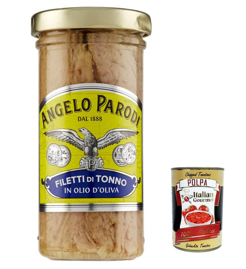Angelo Parodi Thunfisch 6x Angelo Parodi Filetti di Tonno in Olio d'Oliva in vetro, Thunfischfilets in Olivenöl in Glas 150 g + Italian Gourmet polpa 400g 8000935159219