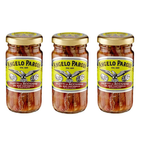 Angelo Parodi Thunfischfilets 3x Angelo Parodi Filetti di Acciughe del Mar Cantabrico in Olio d’Oliva Sardellenfilets aus dem Kantabrischen Meer in Olivenöl 100gr 8000935296044