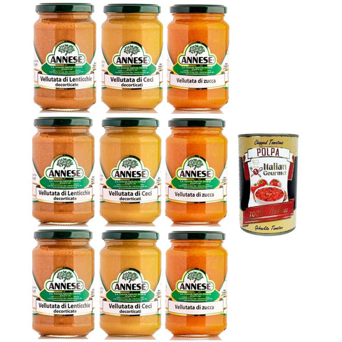 Annese Testpaket Gemüse Annese Testpaket Vellutata di Lenticchie,Ceci Decorticati e Zucca Samtige Suppe aus Linsen, geschälten Kichererbsen und Kürbis 9x360 gr italienisch Original 8032804040014