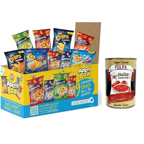 APERIBOX Chips APERIBOX 9 - 263 g Schachtel Chips und herzhafte Snacks 9 Stück Geschenkidee 2023 3x Original italienisch inkl. Italian Gourmet Polpa 400g 8053687670211