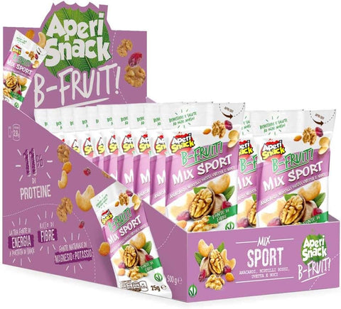 Aperisnack Patatine Chips Aperisnack B-Fruit mix sport  100% natürliche Mischung aus getrockneten und dehydrierten Früchten, 20 einzeln portionierte Snacks à 25 g.
