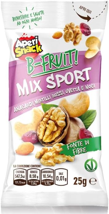 Aperisnack Patatine Chips Aperisnack B-Fruit mix sport  100% natürliche Mischung aus getrockneten und dehydrierten Früchten, 20 einzeln portionierte Snacks à 25 g.