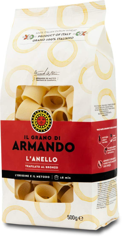 ARMANDO Längliche Pasta 6x Il Grano Di Armando L' Anello Italienischer Weizen Bronze gezeichnet 100% Italienische Pasta 500g 8005709205062