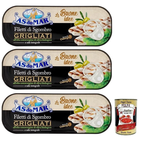AS do Fertiggerichte AS do MAR Filetti di Sgombro Grigliati Gegrillte Makrelenfilets in Bio-Olivenöl Extra und Vollsalz Dose 120 g 3x italienisch Original Pastasauce + kostenlos Polpa 8003294531207
