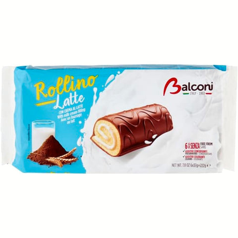 Balconi Knabberartikel 20x Balconi Rollino Latte Milk Mini Kuchen mit Milchcreme mit Schokolade überzogen 222g Original italienisch Snack 8001585001323
