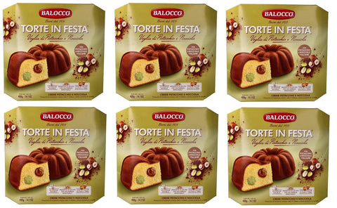 Balocco Kekse 6x Balocco Torte in Festa Voglia di Pistacchio e Nocciola Kuchen gefüllt mit köstlicher Pistazien- und Haselnusscreme 400g 8001100070810