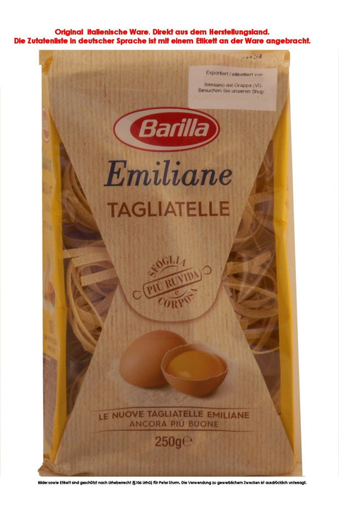 Barilla Emiliane Längliche Pasta Barilla NR 174 Emiliane Tagliatelle all’Uova 8 x 250g = 2000g HARTWEIZENGRIESS, frische EIER der Klasse A (28,3%) 4251516800660