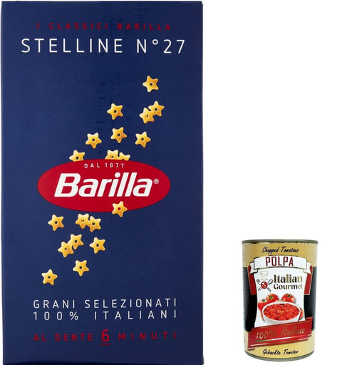 Barilla Internationale Nudeln 10x Barilla Stelline n° 27, Pasta 100% italienisch Nudeln aus Hartweizengrieß 500g Packung + Italian Gourmet Polpa di Pomodoro 400g Dose 8076800315271