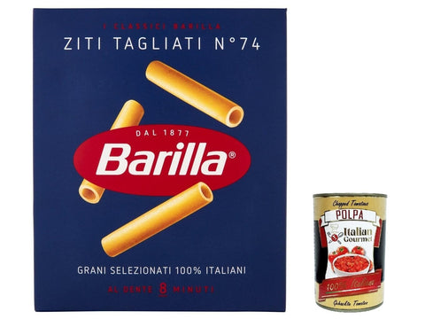Barilla Internationale Nudeln 10x Ziti Tagliati n° 74, Pasta 100% italienisch Nudeln aus Hartweizengrieß 500g Packung + Italian Gourmet Polpa di Pomodoro 400g Dose 8076809525251
